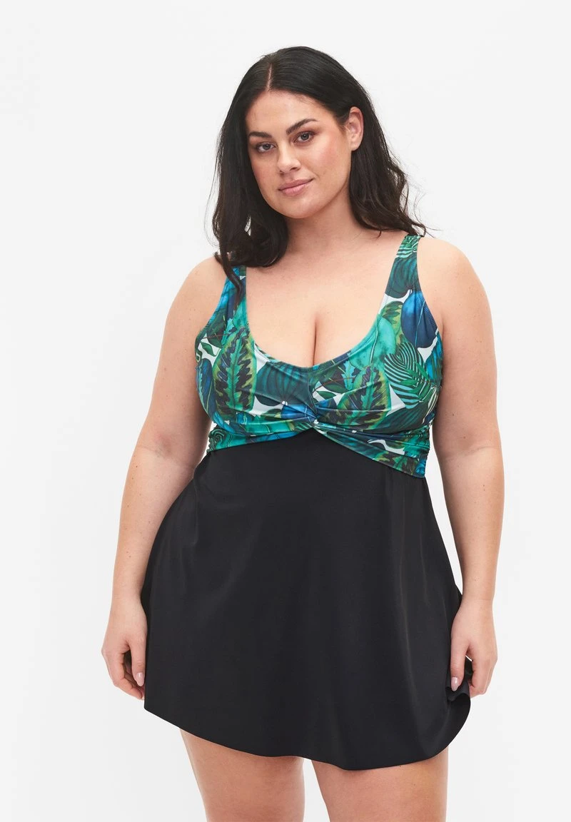 Zizzi WITH LOOSE - Badeanzug - Black Blue Leaf 3 Zizzi WITH LOOSE - Badeanzug - Black Blue Leaf